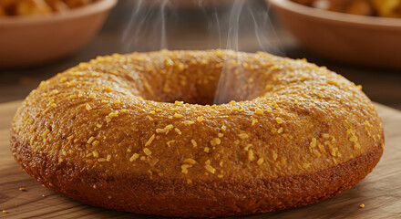 Freshly Baked Ring Cake Displaying a Golden Brown Crust and Steaming Warmth