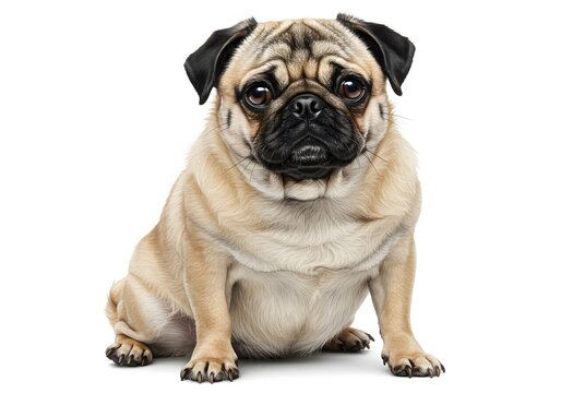 A pug sitting and looking forward on a white background.