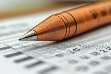 Fototapeta premium Close-up of a wooden pen resting on a financial document, emphasizing productivity and focus in a professional setting.
