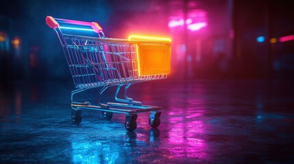Shopping cart illuminated with neon lights in an urban setting at night
