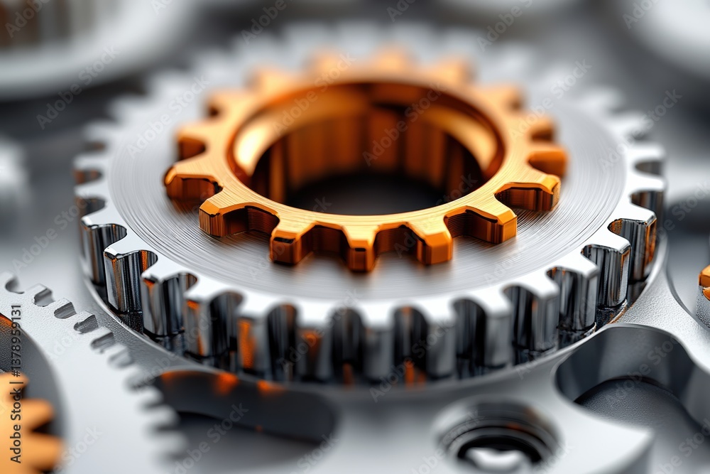 Poster close-up of metallic gears showcasing intricate design and precision engineering, perfect for techno