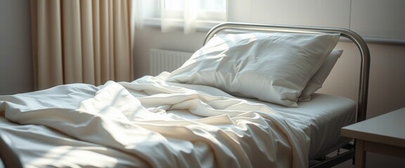 Hospital Bed Empty White Linen Sunlit Room Healthcare Medical Clean Restful Tranquil Scene