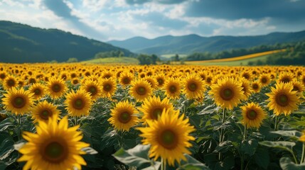 Golden sunflowers bloom before a majestic mountain backdrop, under a sky full of fluffy clouds. A vibrant, peaceful scene