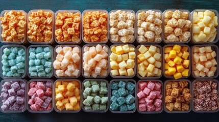 Assorted colorful crispy snacks in small containers