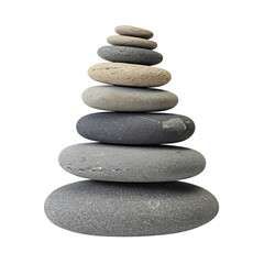 A serene stone tower, meticulously balanced, symbolizing inner peace and stability against a clean white background.