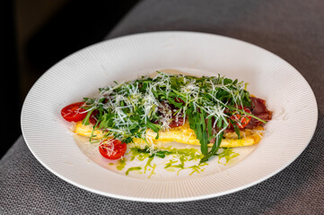 A freshly made omelette served on a white plate, topped with arugula, cherry tomatoes, and grated cheese. Vibrant colors and fresh ingredients create an appetizing and inviting dish.