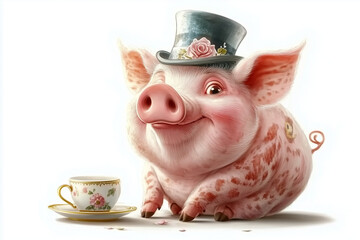 Spotted pig in floral hat with teacup on white background