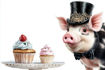 Pig in tuxedo and top hat beside cupcakes on white background