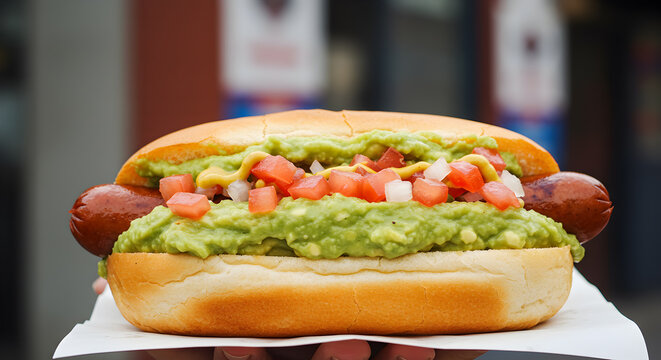 A delicious Chilean completo hot dog bursting with flavorful toppings