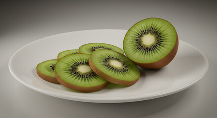 Freshly cut kiwi fruit slices on a pristine white ceramic plate display