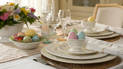 Elegant easter table setting with flowers and decorated eggs for festive spring celebration