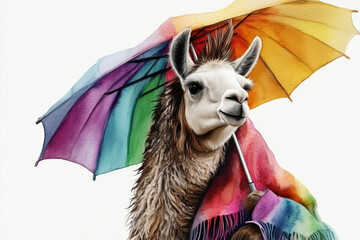 Llama in rainbow poncho holding umbrella on white background