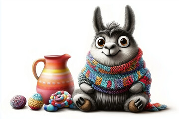 Cute cartoon llama in scarf with yarn balls and clay jug