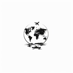 Obraz premium Minimalist vector icon of a globe with shipping routes, airplane, and cargo ship on white background