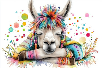Sleeping llama in rainbow sweater with colorful dots.