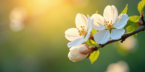 Obraz premium Delicate white blossoms, soft golden light filtering through petals, blossom, magical, dreamy