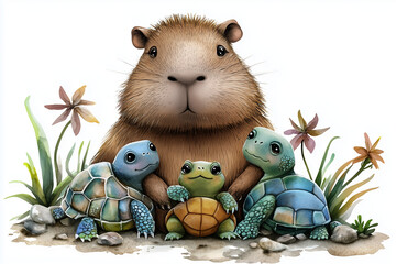 Capybara with colorful turtles in a floral setting illustration.