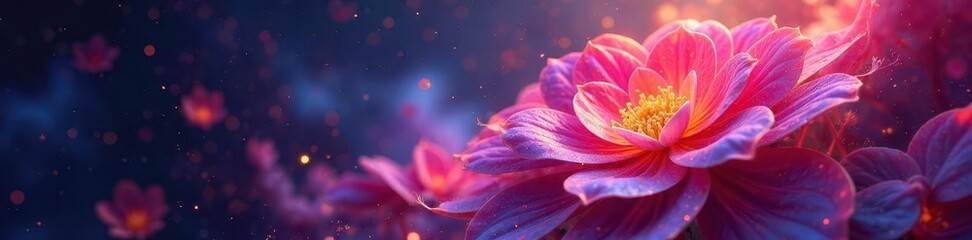 Fototapeta premium Glowing floral fractal, swirling nebula backdrop, stars, texture, iridescent