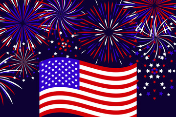 Independence Day USA background with fireworks and American flag
