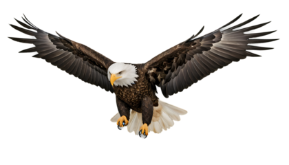 Majestic bald eagle soaring with wings spread wide in dramatic flight pose