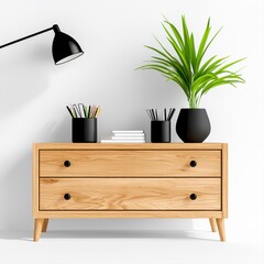 Light Oak Wood Dresser with Two Drawers, Black Cylindrical Containers, Writing Utensils, Stack of White Books, and Potted Green Plant Background Decor