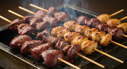 Deliciously prepared Japanese offal yakitori skewers served hot and steamy