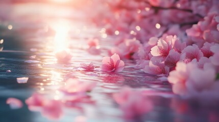Obraz premium Ethereal cherry blossom riverbank scene with soft light and delicate reflections