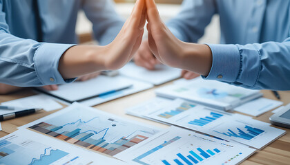 Close up of two hands high fiving over a desk with financial reports, celebrating teamwork and success