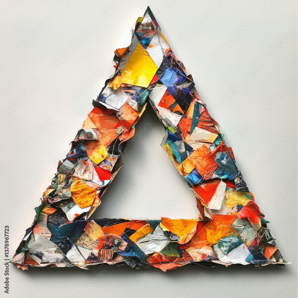 Fototapete abstract triangle: a colorful collage of scraps creating a striking geometric form against a minimal