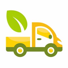 Modern minimalist vector icon of an eco friendly delivery truck with green leaf on white background