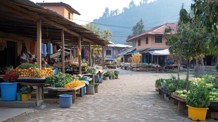 Fototapeta premium Bustling local market in a serene rural village town square setting