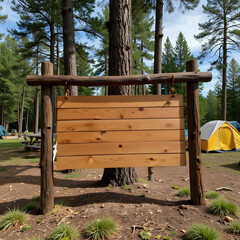 Naklejka premium Wooden sign in forest campground setting