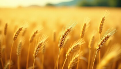 Golden wheat field, gently undulating in a summer breeze , day, stalks, vibrant