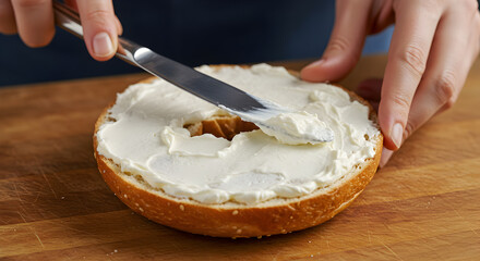 Preparing bagel with cream cheese on wooden board for delicious breakfast