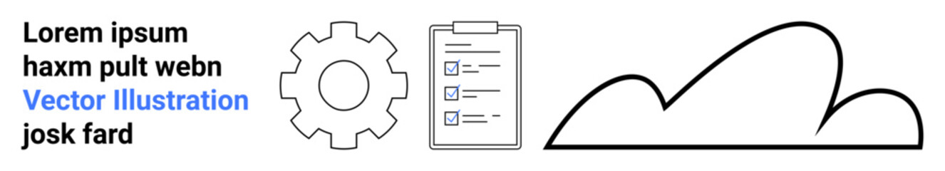 Gear signifies process, checklist document implies organization, cloud icon reflects cloud-based integration. Ideal for teamwork, project management, data storage, process workflow, task monitoring