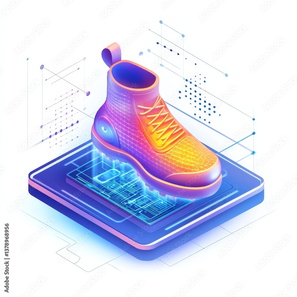 Poster futuristic tech shoe design: isometric view of 3d shoe on a platform with circuit board and geometri