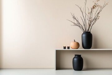 Decorative autumn display with vases and a pumpkin on a minimalist shelf in a contemporary interior setting