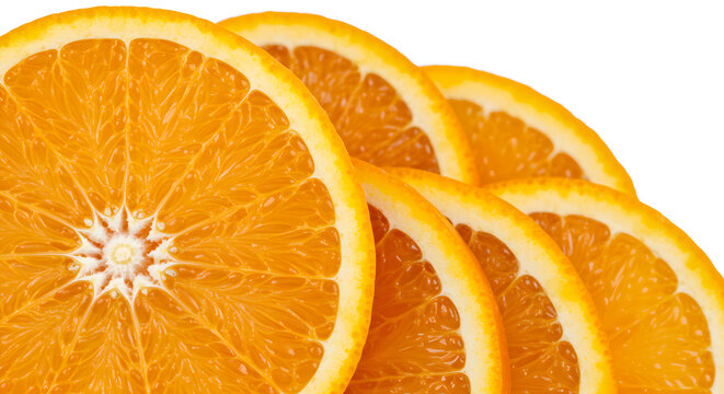 Vibrant setoka orange slices arranged in a semi-circle on a clean white background
