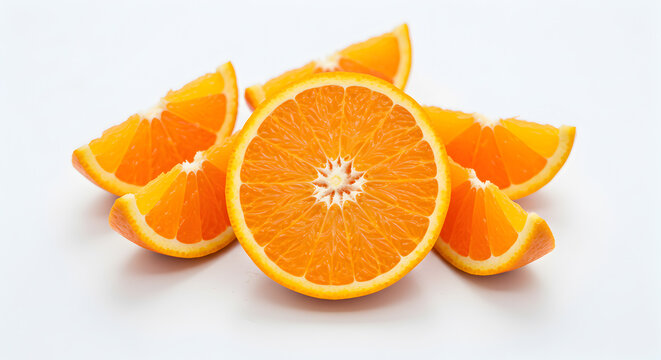 Artistic presentation of vibrant sliced setoka oranges on a clean white canvas
