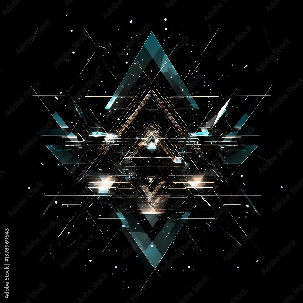 Aufkleber Mystical Triangle Portal: A Geometric Abstraction with Light Streaks and Floating Particle Effects on a Dark Background