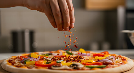 Hand sprinkling vibrant chili flakes on a freshly baked artisanal pizza