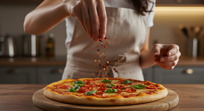 Chef sprinkling spicy chili flakes onto homemade pizza in a kitchen setting