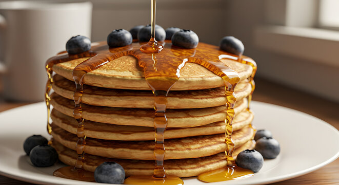 Delicious stack of pancakes with maple syrup and blueberries for breakfast delight