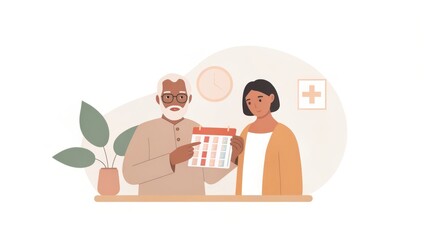 A man and woman stand together, holding a calendar, with a plant and a medical cross symbol in the background, suggesting a healthcare or scheduling theme.