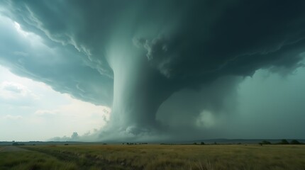 Massive Tornado Spiraling Across an Open Plain with Dark Thunderclouds Overhead