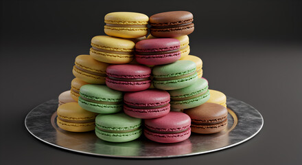 Elegant stack of colorful macarons displayed on a reflective silver dessert tray