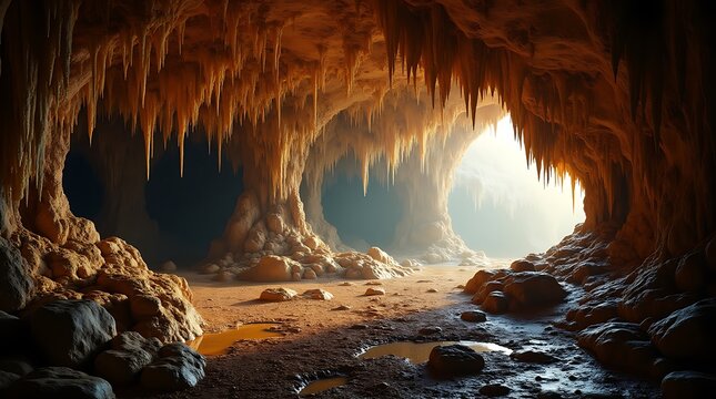 Picturesque Cave with Stalactites and Stalagmites Lit by Soft Natural Light