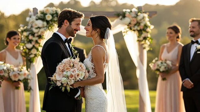 A romantic outdoor wedding ceremony in a lush garden