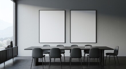 Empty Frames in a Modern Meeting Room, Waiting for Art. A modern meeting room setup with two blank picture frames ready for artwork or presentations, along with chairs and a long table