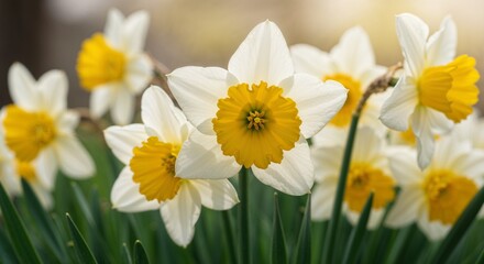 Spring landscape with blooming trees under golden light  